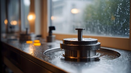 Obraz premium Industrial lab equipment submerged in water on a wet counter with rain visible through the window