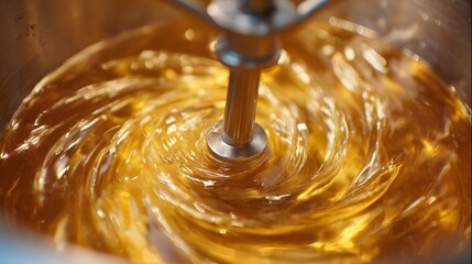 A close up of a mixer whisk blending a viscous golden liquid into a dynamic vortex
