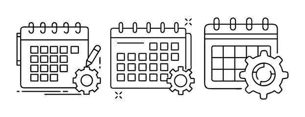 Three distinct line art calendar icons with gears for scheduling and task