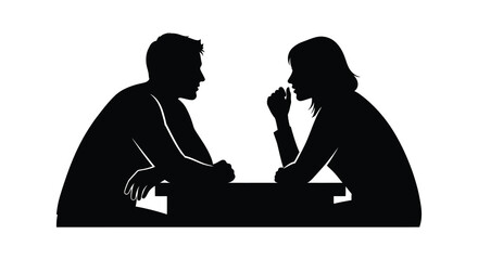 A striking black silhouette of a couple deeply engaged in conversation facing each other silhouette © Kuntol02