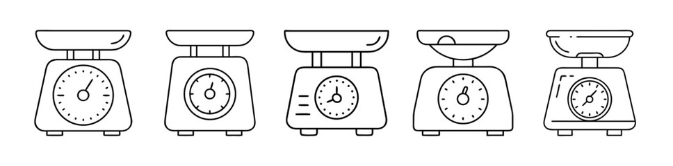Five outline icons of kitchen scales with weighing bowls and analog dials