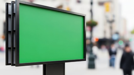 Green billboard in city street setting.