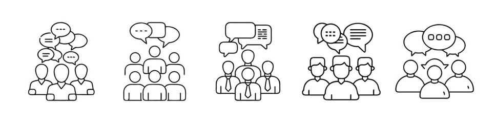 Simple line art icons of people and chat bubbles on a white background