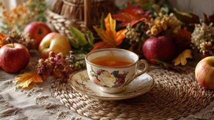 Fototapeta premium Warm Autumn Tea in Elegant Cup Surrounded by Seasonal Decor