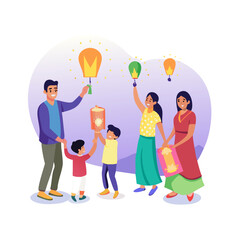 Indian family celebrating diwali festival with sky lanterns vector illustration set