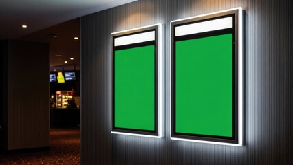 Green screens on a dark wall.