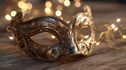 A golden mask resting on a wooden surface, with a blurred background of twinkling lights. The mask, with intricate designs, sets a mysterious and alluring mood.