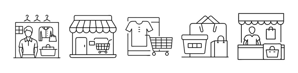 Set of black outline shopping and retail icons isolated on white background