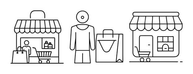 Line art icons of shopping scenarios, with stores, a person, and shopping