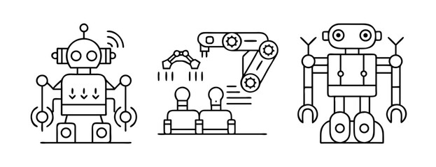 Collection of diverse outline robot icons and industrial automation