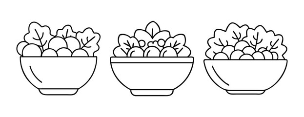 Three minimalist line art bowls of fresh green salad ingredients