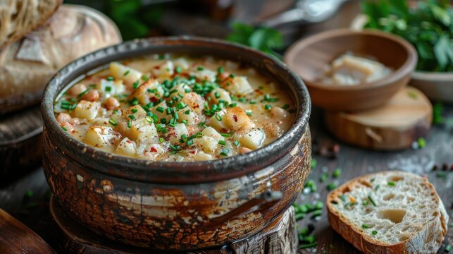 Cozy Scandinavian Fish Chowder In Rustic Ceramic Pot With Rye