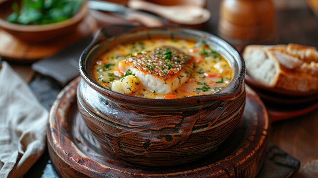 Cozy Scandinavian Fish Chowder In Rustic Ceramic Pot With Rye