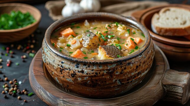 Cozy Scandinavian Fish Chowder In Rustic Ceramic Pot With Rye
