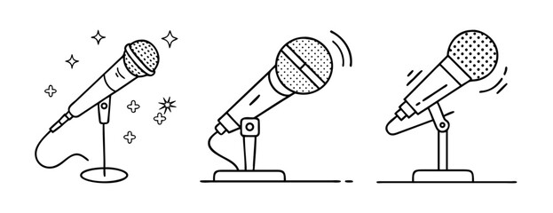 Minimalist line art microphones on stands with sound waves and sparkle