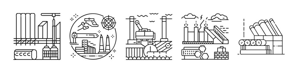 Set of five industrial production and manufacturing line art