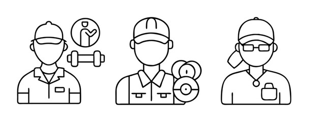 Minimalist line art icons depicting gym coach, technician, and healthcare