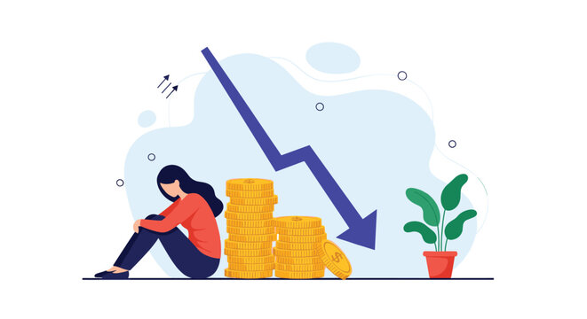 Sad woman sitting in despair next to declining stacks of money and a falling arrow indicating financial crisis.