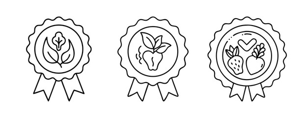 Outline illustrations of healthy food award badges on a clean white
