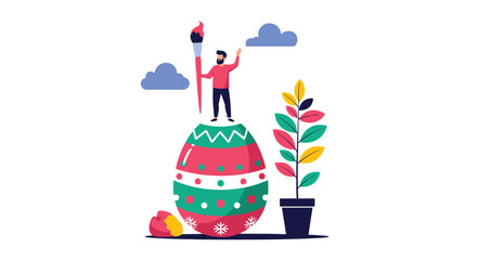 Obraz premium Artist standing on top of a giant decorated Easter egg painting it with a brush next to a potted plant in a flat style.