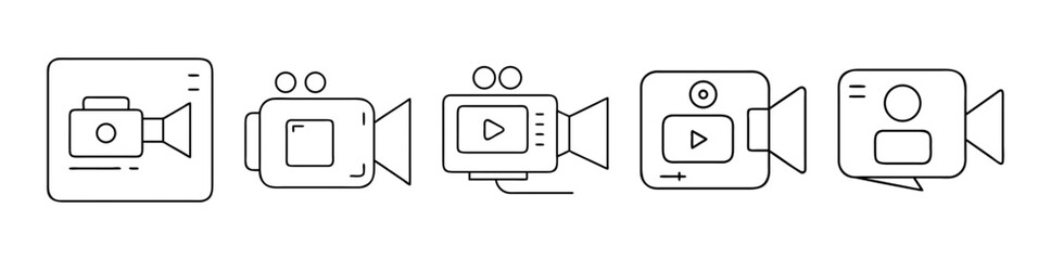 Collection of five outline video camera icons on a clean white background