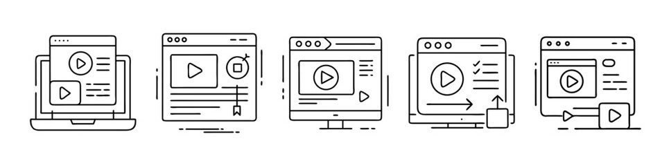 Isolated line art icons illustrating video content delivery and online