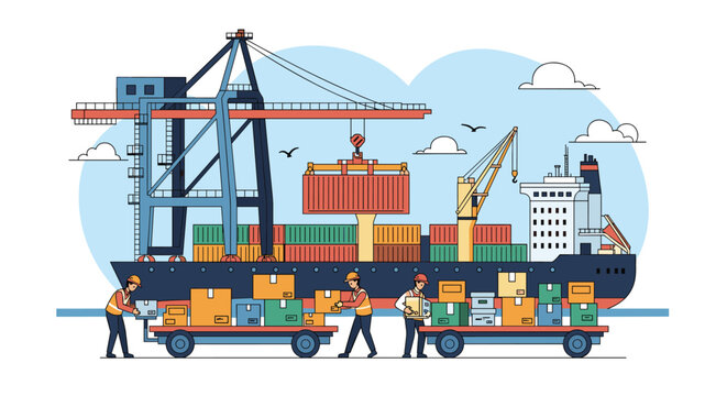 Busy port scene with dock workers loading various boxes onto a large cargo ship using a crane for global trade.