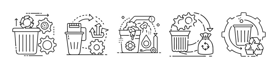 Line art icons illustrating waste management, recycling, and sustainable