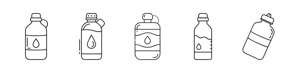 Set of five different water bottle line art illustrations isolated