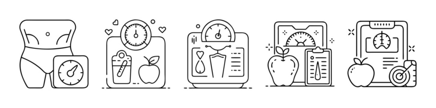Outline vector icons for health, weight loss, and digital fitness