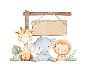 Watercolor Illustration Wooden Board and Safari Animals