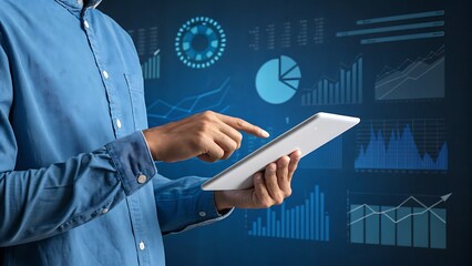 Businessman analyzing data on digital tablet with financial graphs on screen