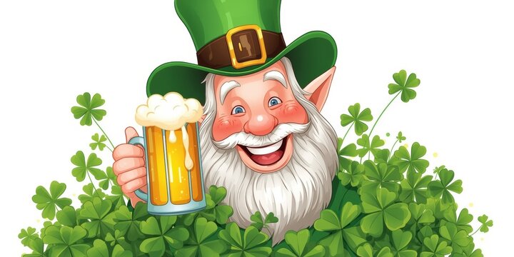 Cheerful leprechaun holding beer mug