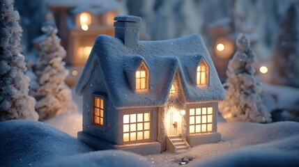 Cozy snow covered house with warm glowing lights inside