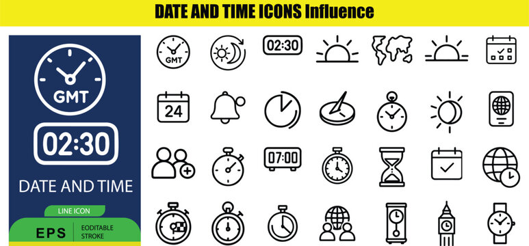 Set of black and white outline representing date and time concepts clock