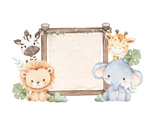 Watercolor Illustration Wooden Board and Safari Animals
