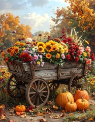 A rustic wooden cart overflowing with colorful autumn blooms sits amidst pumpkins, against a backdrop of fall foliage under a sunny sky