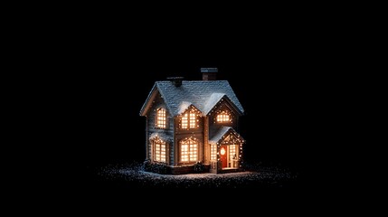 Cozy snow-covered house with warm glowing lights at night