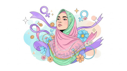 Portrait of a Muslim woman in a hijab with feminist symbols and floral elements representing empowerment and diversity vector illustration for social media