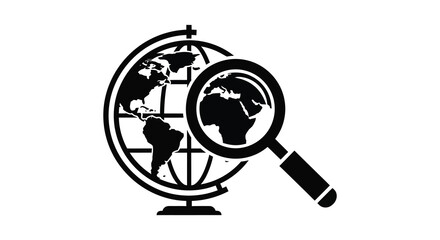 A detailed exploration concept featuring a globe and magnifying glass in black silhouette