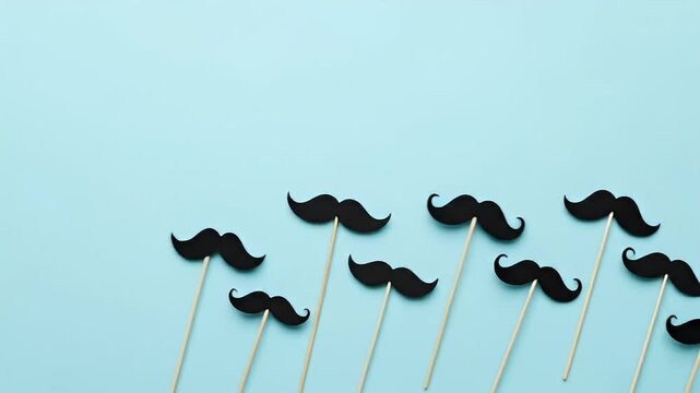 Collection of black fake mustaches on sticks against a light blue background.
