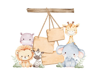 Watercolor Illustration Wooden Board and Safari Animals