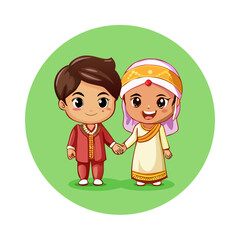 Cute Chibi Indian Wedding Couple Holding Hands, Green Background Cartoon
