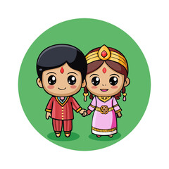 Cute Chibi Indian Wedding Couple Holding Hands, Green Background Cartoon
