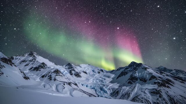 Aurora Borealis over Snowy Mountains - A breathtaking night view showcases the aurora borealis illuminating the starry sky above a snow-covered mountain range.