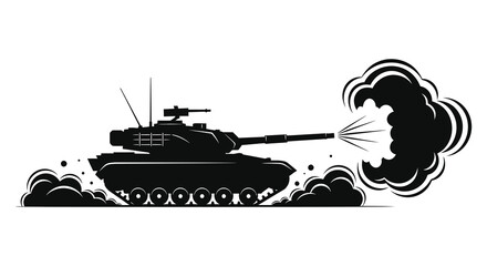 A striking black silhouette of a tank firing showcasing military power and dynamic action silhouette © nhpvect02