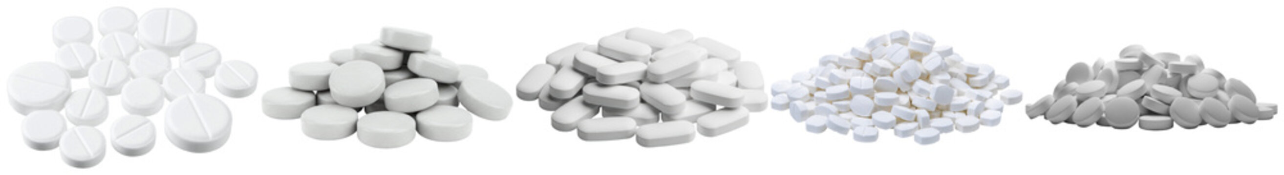 various piles of white medical pills and tablets, showcasing different shapes and quantities, isolated on transparent background.
