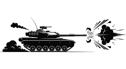 A powerful tank firing its cannon with smoke and debris a striking silhouette © nhpvect02