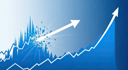 Blue background with upward trending line and exploding graph