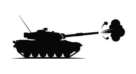 A detailed black silhouette of a powerful tank firing its cannon with smoke plumes silhouette © nhpvect02